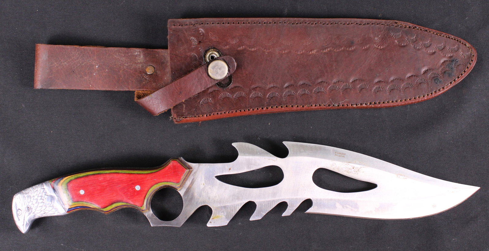 Stainless Steel Pakistani Made Knife With Leather Sheath (SAE): Description coming soon Bidders are welcome to preview items in person during our normal operating hours Tuesday through Saturday 11am-6pm. Estimated shipping parcel size (LxWxH) 16 inches x 6 inches