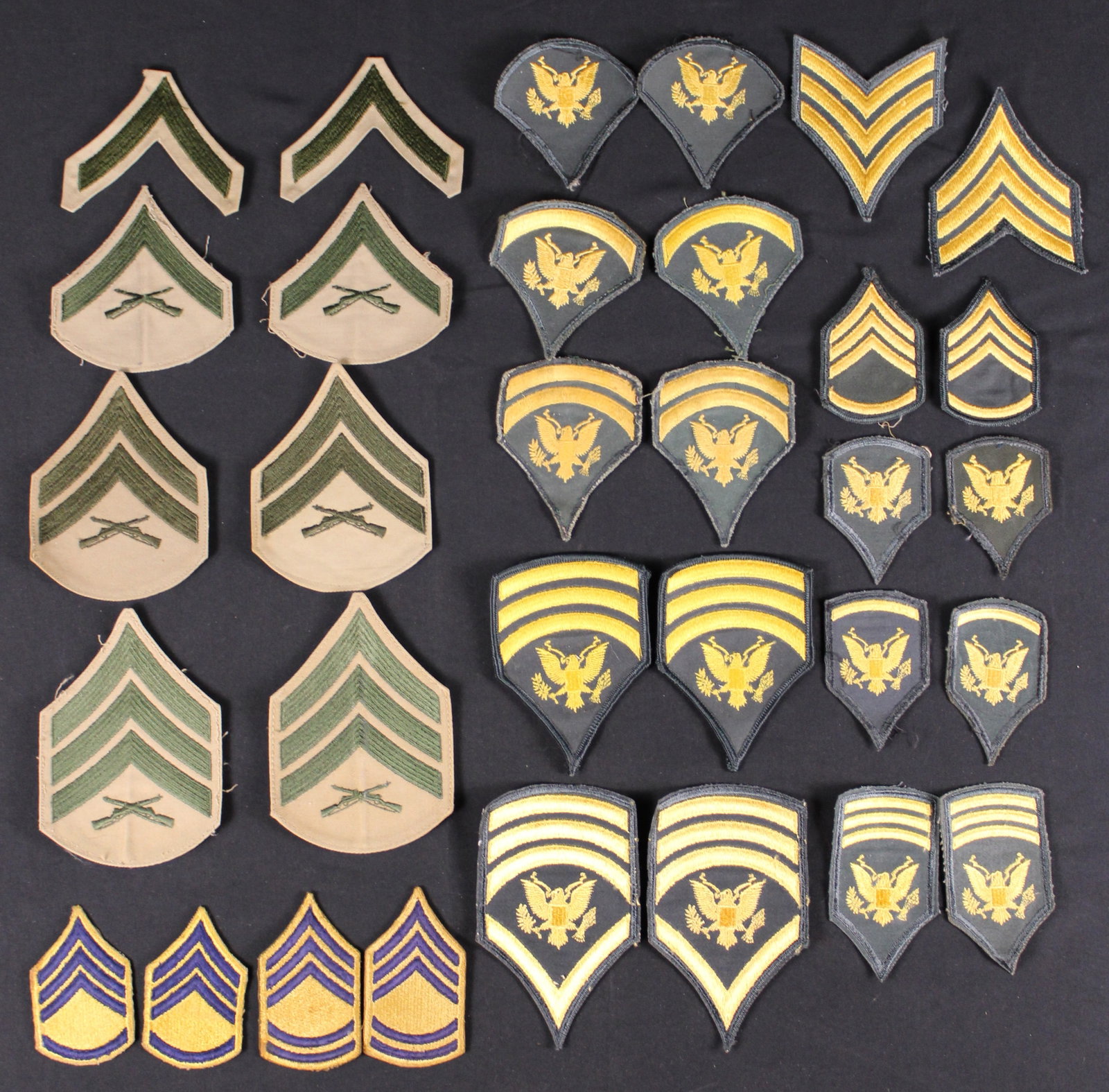 Group Lot Of 32 U.S. Army and U.S. Marine Corps Chevrons (MIC): Description coming soon Bidders are welcome to preview items in person during our normal operating hours Tuesday through Saturday 11am-6pm. Estimated shipping parcel size (LxWxH) 6 inches x 6 inches x