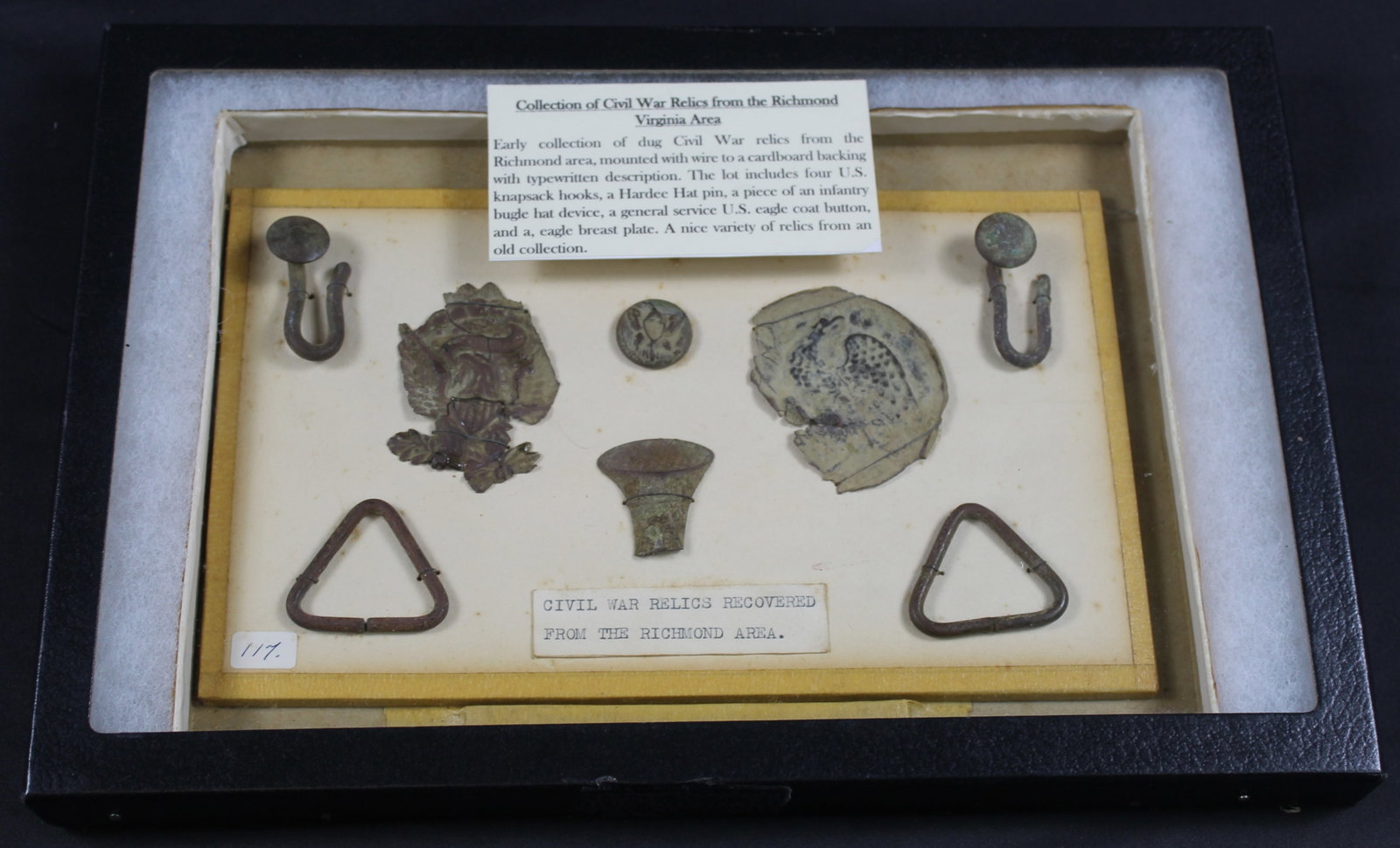 Richmond Virginia Civil War Relic Grouping (SNR): A large Riker box measuring 12 inches x 8 inches with grouping from Richmon, Virginia. See pictures prior to bidding. Bidders are welcome to preview items in person during our normal operating hours