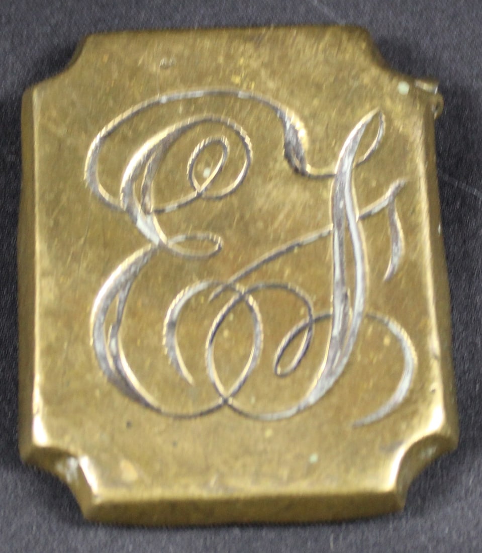 Vintage Suspected Revolutionary War Era Rectangular Monogrammed Brass Belt Buckle (SNR): A monogrammed brass belt buckle from the collection of an avid American Revolutionary War enthusiast. This example appears to be embossed with the initials "EJ" prominently. The reverse side of the