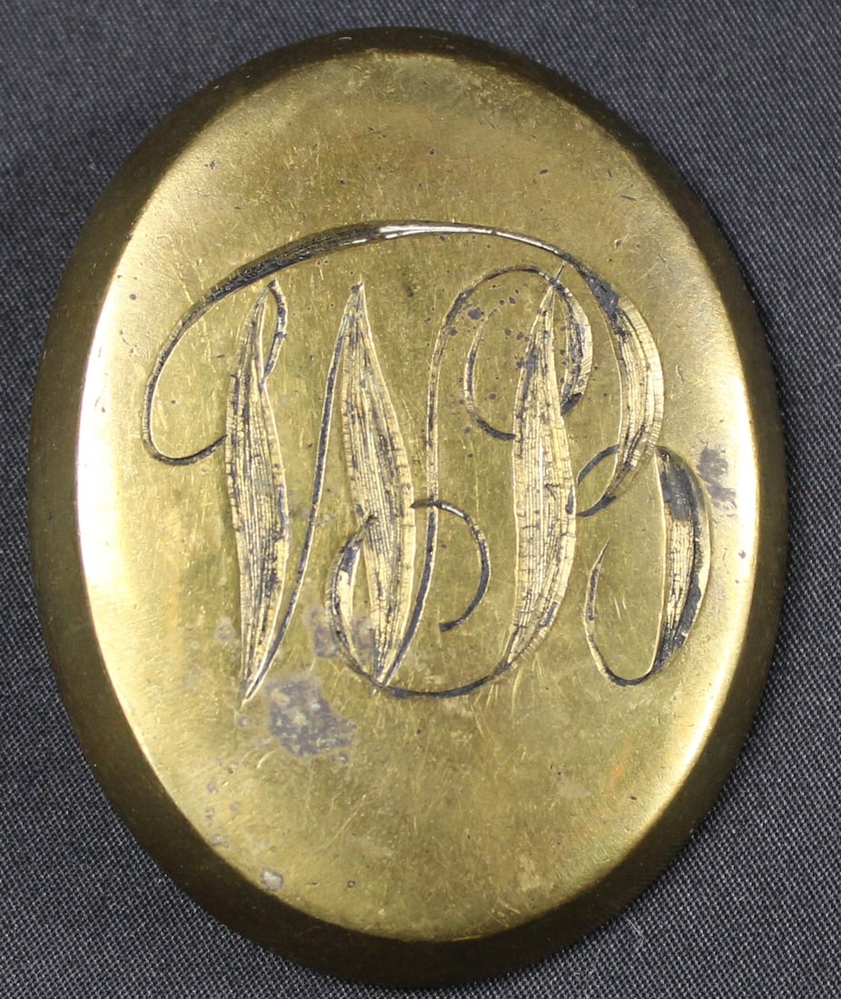 Vintage "WB" Suspected Revolutionary War Era Oval Shaped Monogrammed Brass Belt Buckle (SNR): A monogrammed oval shaped brass belt buckle from the collection of an avid American Revolutionary War enthusiast. This example appears to be embossed with the initials "WB" prominently. The reverse si