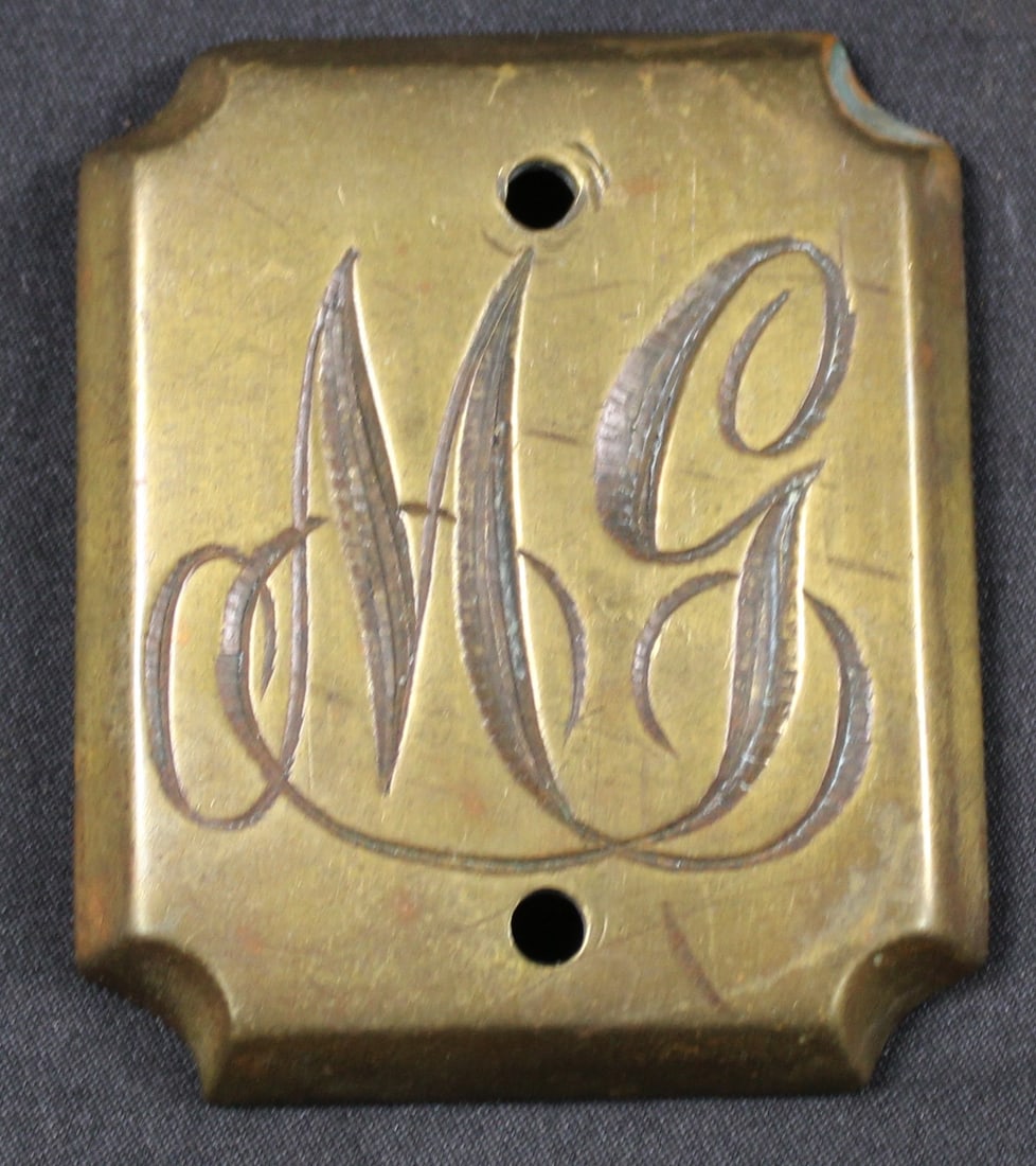 Vintage "MG" Suspected Revolutionary War Era Rectangular Monogrammed Brass Belt Buckle (SNR): A monogrammed brass belt buckle from the collection of an avid American Revolutionary War enthusiast. This example appears to be embossed with the initials "MG" prominently. Overall condition is good 