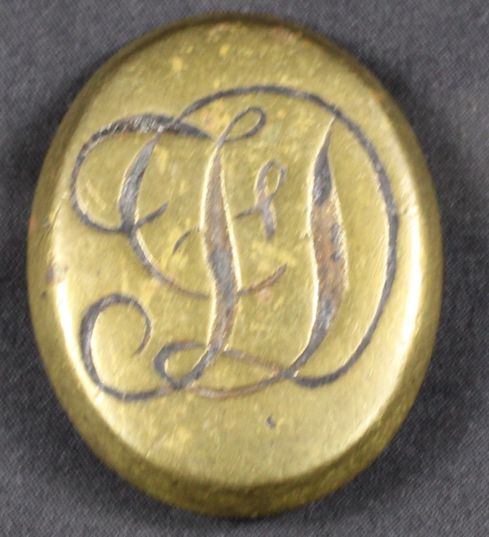 Vintage "FD" Suspected Revolutionary War Era Oval Shaped Monogrammed Brass Belt Buckle (SNR): A monogrammed oval shaped brass belt buckle from the collection of an avid American Revolutionary War enthusiast. This example appears to be embossed with the initials "FD" prominently. The reverse si