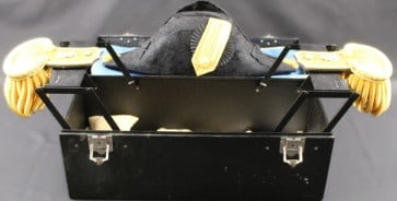 Excellent U.S. Navy Fore and Aft Beaver Cap and Epaulet Set for a US Navy Ensign (MME): A c.1930s US Navy Ensign's dress cover and shoulder boards manufactured by Jacob Reed's Sons of Philadelphia, PA in what appears to be excellent condition overall. The inner banding is embossed