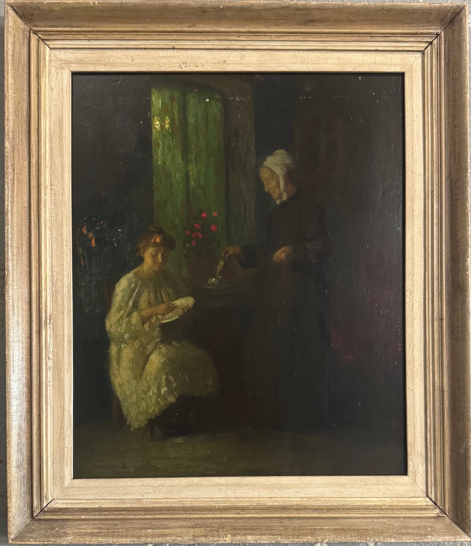 Elizabeth Nourse Oil on Wood Panel Painting: Oil on wood 22x18”Frame:28x24”Elizabeth Nourse-(1859-1938)Elizabeth Nourse, born at Mt. Healthy (Cincinnati), Ohio on 26 October 1859, enrolled with her twin sister Adelaide at the McMicke