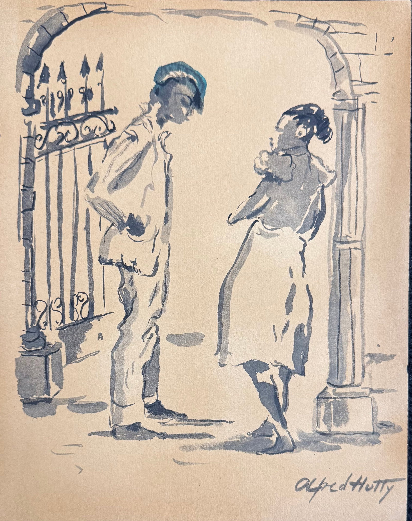 Alfred Hutty Watercolor & Ink on Paper: Alfred Hutty-(1877-1954)Watercolor and ink on paper 11 3/4 x 9 5/8”1877 Grand Haven, Michigan - 1954 Woodstock, New York. Known for: Street-landscape and genre painting, etching.A leading figure