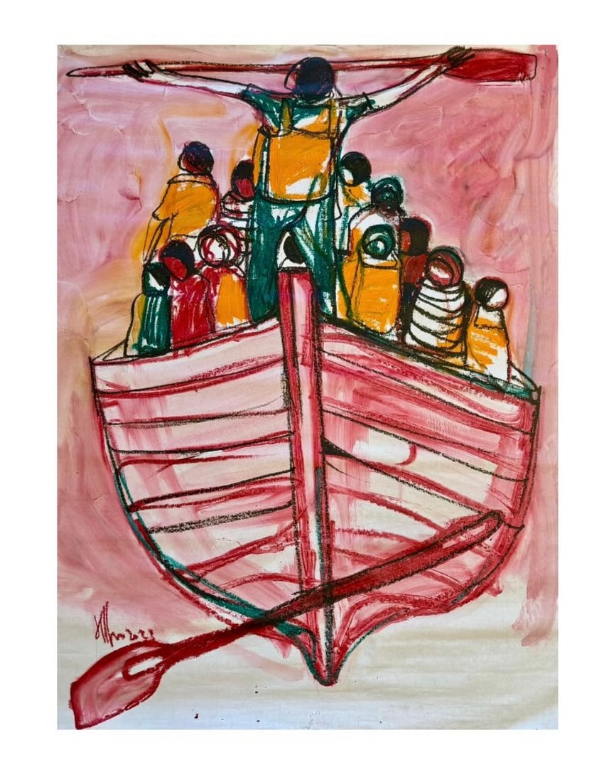 Alexis Leiva Machado Kcho Mixed Media: Alexis Leiva Machado Kcho-2023Mixed media on canvas 58x43”Title: Proa”Born 1970 Isla de Pinos, Cuba. Known for: Seaside iconography found object sculpture, and drawing.Kcho (sometimes spel