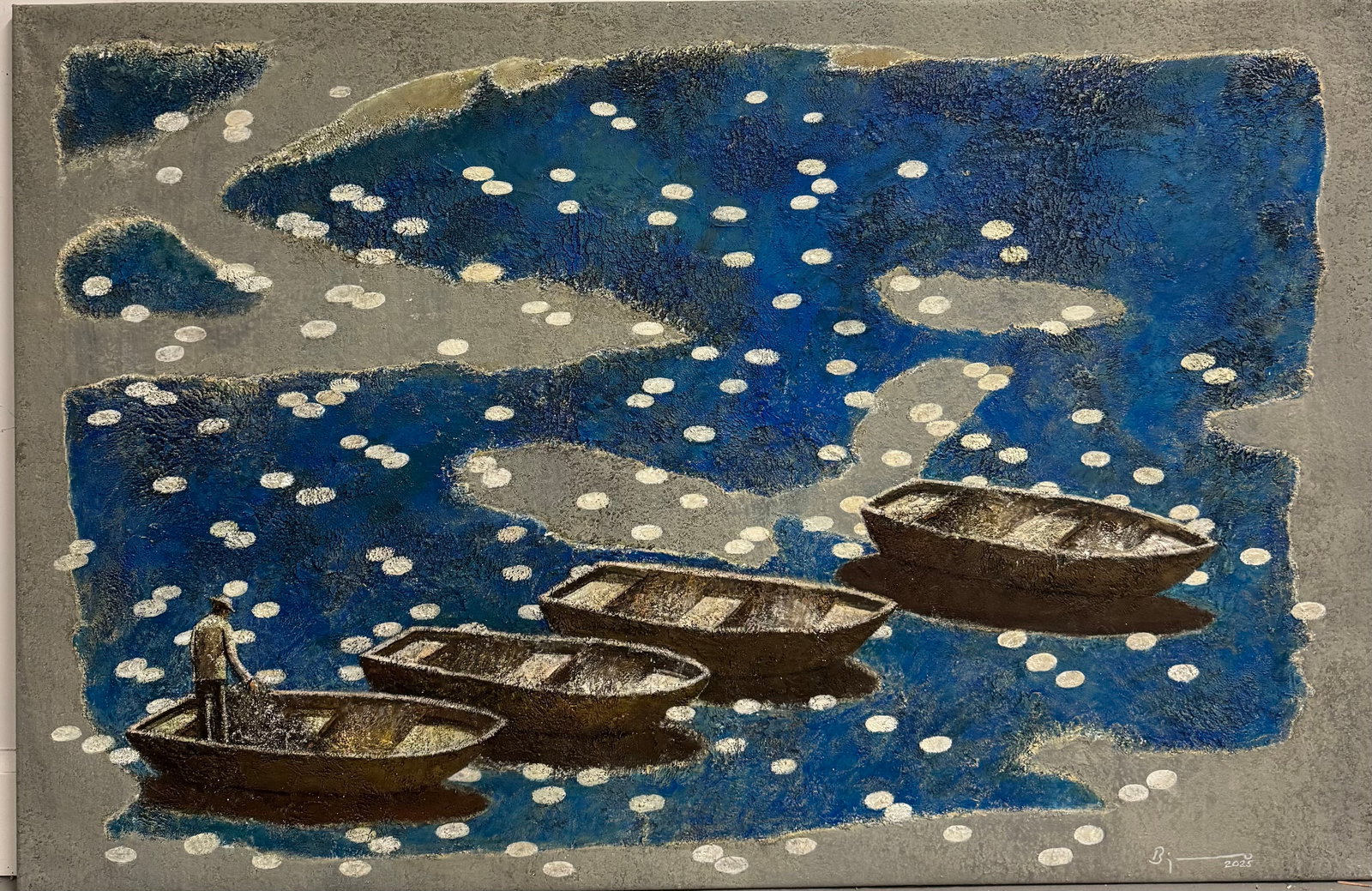 Agustin Bejarano Mixed Media: Mixed media on canvas Title: Reflejos Vlll31x47”Born 1964 Camaguey, Cuba. Known for: Drawing, illustration, caricature, installation, sculpture, paintings.Agustín Bejarano is a leading figure i