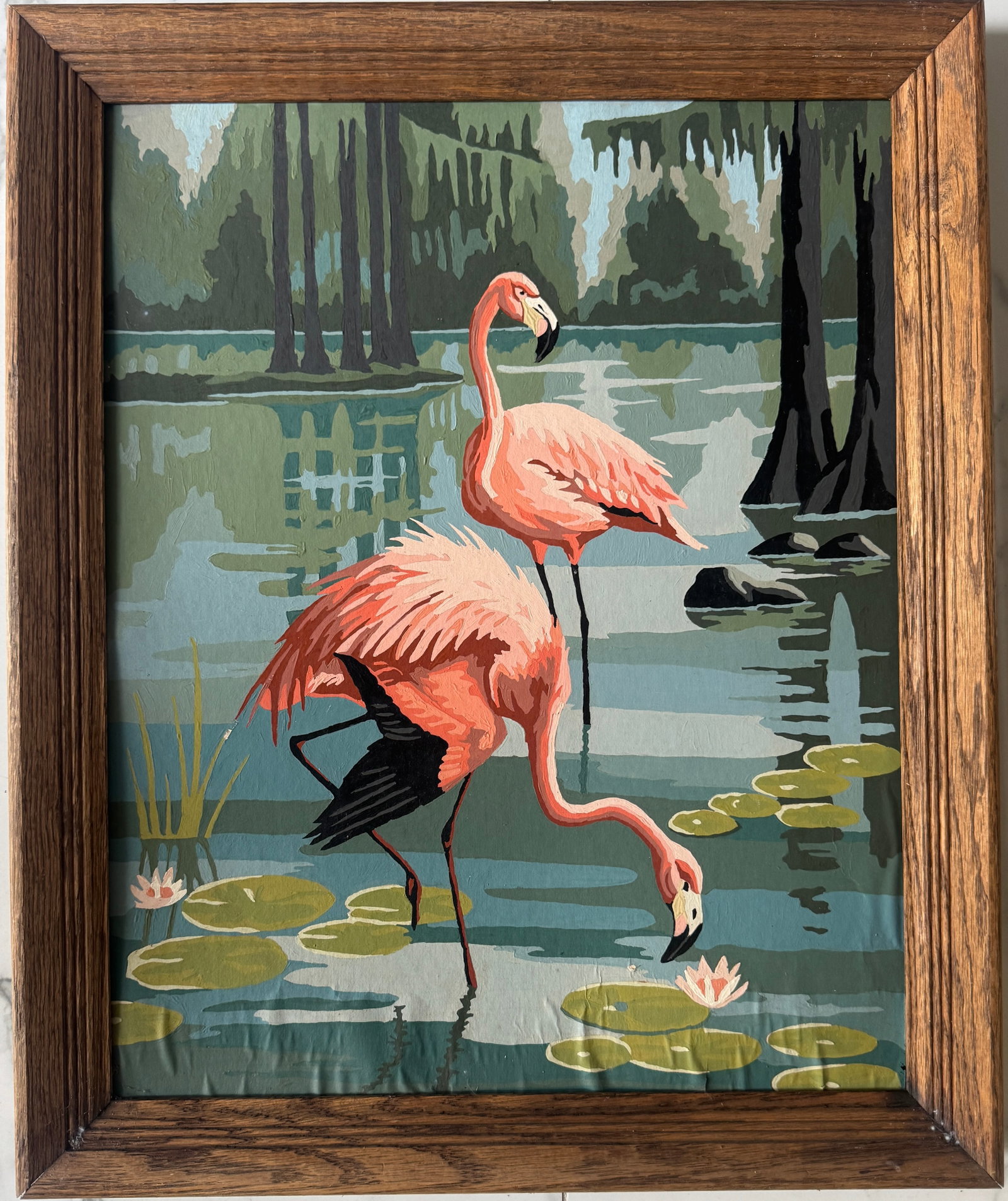 Vintage Oil Paintings Of Flamingos: Mid Century Oil on cardboard 20x16 inches Frame:23x19 inches