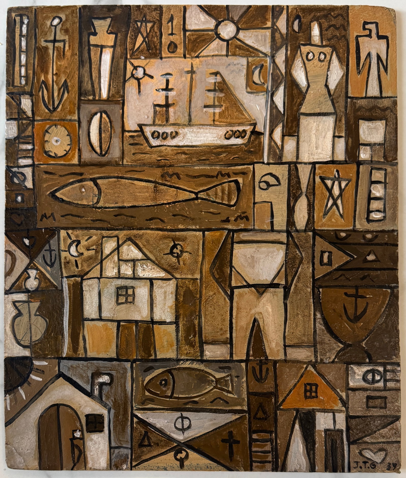 Joaquin Torres-Garcia Oil on Board Painting: Joaquin Torres-Garcia1874 Montevideo, Uruguay - 1949 Montevideo, Uruguay. Known for: Constructivist painting-geometric, teaching.Born in Montevideo, Uruguay, Joaqu?n Torres-Garc?a moved to Spain in