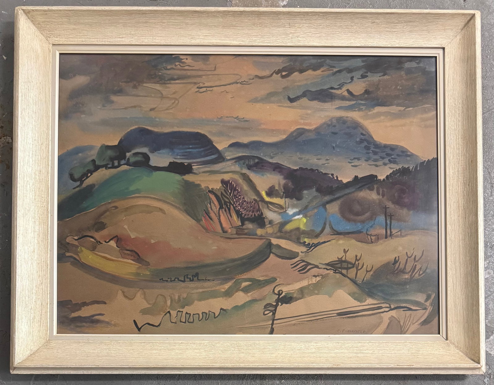 Charles Burchfield Watercolor Painting: Watercolor on paper 22x29?Frame:27.5x391893 Ashtabula Harbor, Ohio - 1967 Buffalo, New York. Known for: Landscape-structure and modernist botanic painting.Born in Ashtabula Harbor, Ohio, Charles
