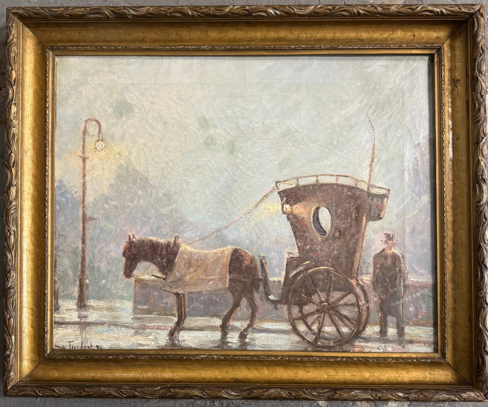 Bela deTirefort Oil on Canvas: Bela deTirefort-1935 Oil on canvas 16x20?Frame:20x24?1894 Austria - 1993. Known for: Social realist city scene painting.Bela De Tirefort was born in Austria. He painted in New York City, and retired