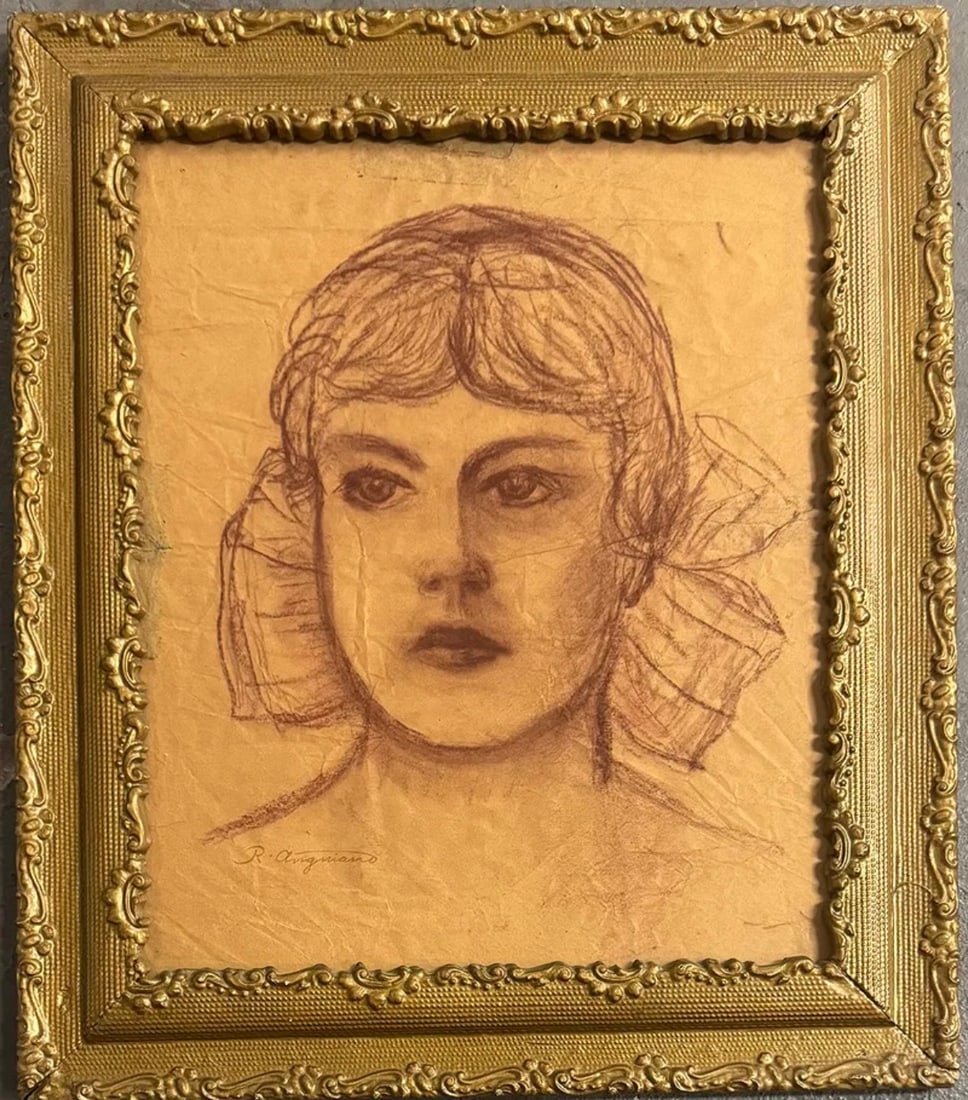 Raul Anguiano Charcoal on Paper: Raul Anguiano (Mexican, 1915 2006)Medium: Red Charcoal on Paper. Dimensions: 16 x 13 in Frame: 20 x 17.5 in. An expressive red charcoal work by Raul Anguiano, a leading figure of the Mexican School of
