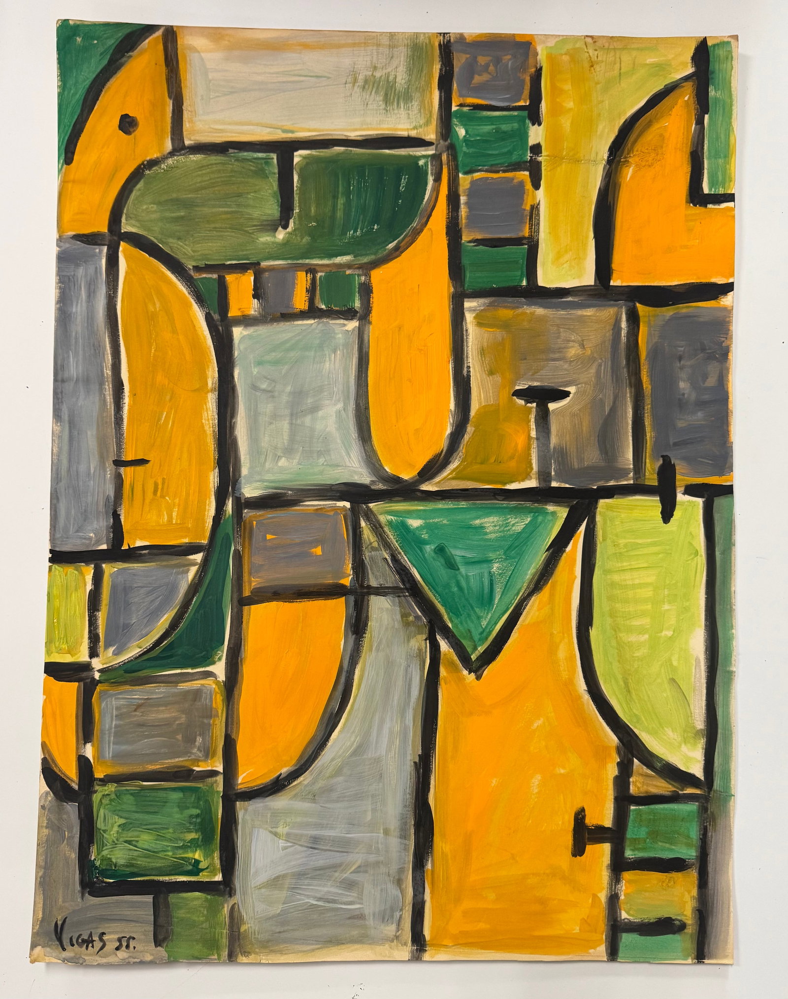 Oswaldo Vigas Mixed Media Painting: Oswaldo Vigas. Mixed media on paper. 24x18? . 1926 Valencia, Carabobo, Venezuela - 2014. Known for: Abstract, cubist easel and mural painting.Oswaldo Vigas was born in Valencia, Carabobo, a province