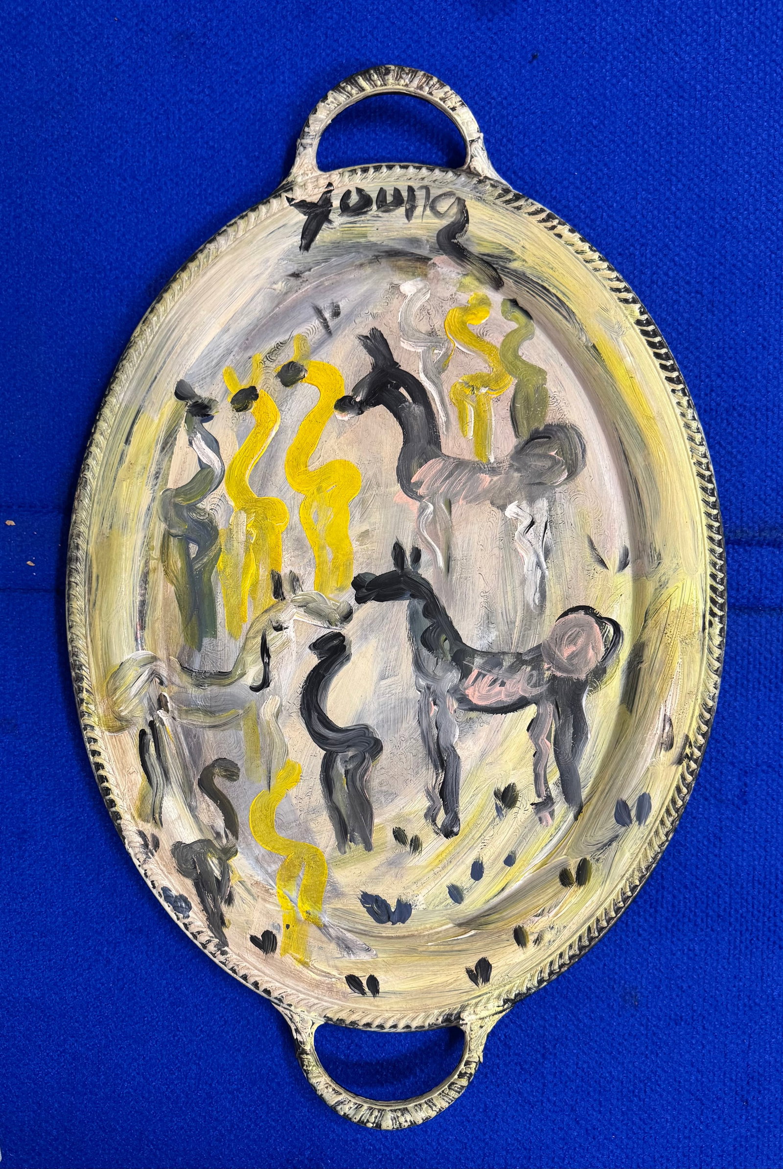 Purvis Young Mixed Media Folk Art: Paint on vintage silver plate serving platter. 24x15.25x1 inches. 1943 Liberty City, Florida - 2010 Miami, Florida. Known for: Mod naive urban views, installation.The work of the urban black vernacula