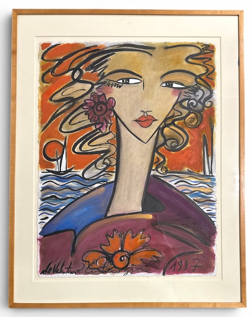Valentino Cortazar Mixed Media Painting: Valentino Cortazar.Born 1949Mixed media on cardboard 30x22.5?Frame:38x30?