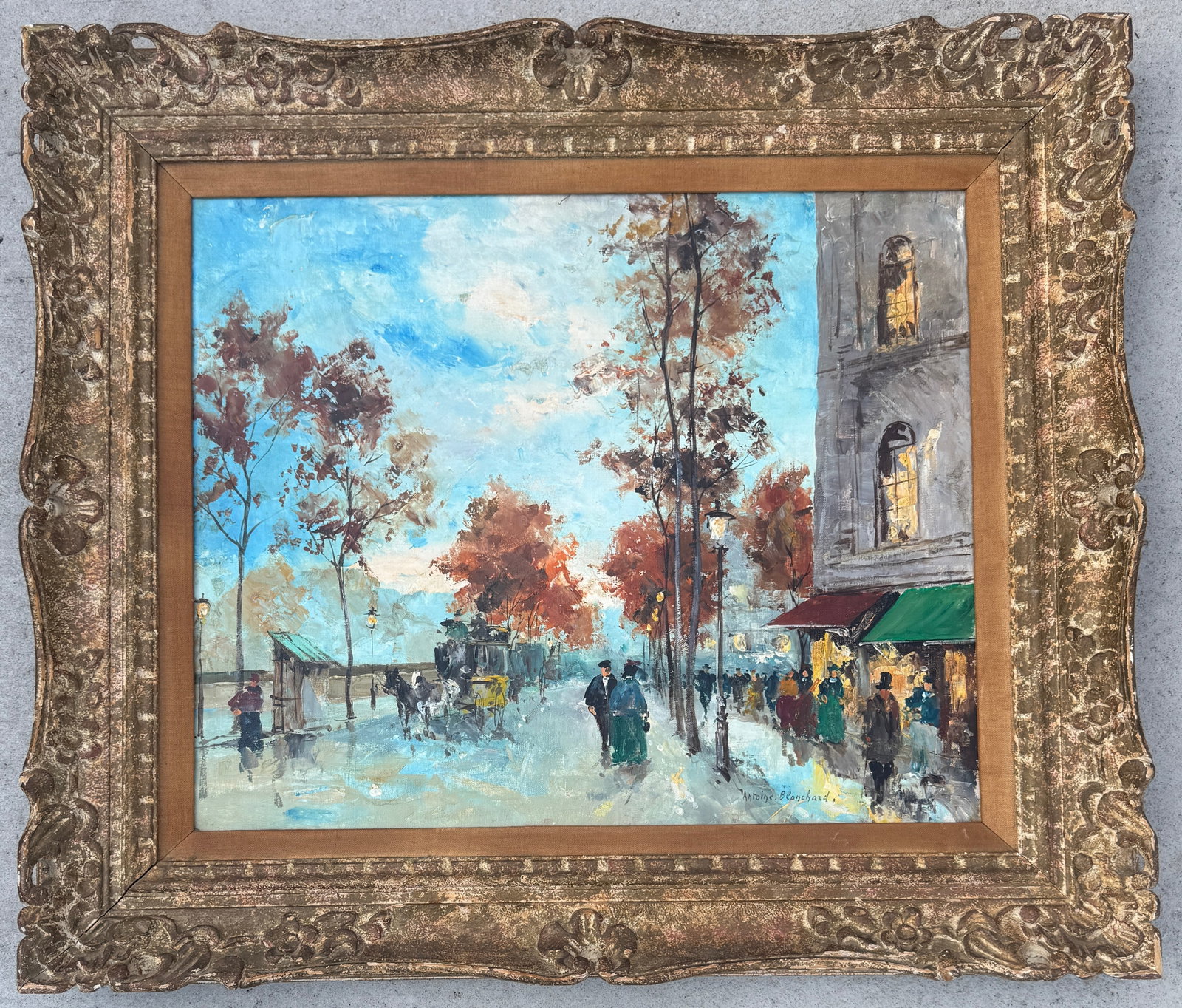 Antoine Blanchard Oil on Canvas: Antoine Blanchard (c.1910-1988) was a prolific and successful Neo-Impressionist painter who specialized in nostalgic scenes of Fin de Si?cle Paris. Inspired by the subjects as well as the success of e