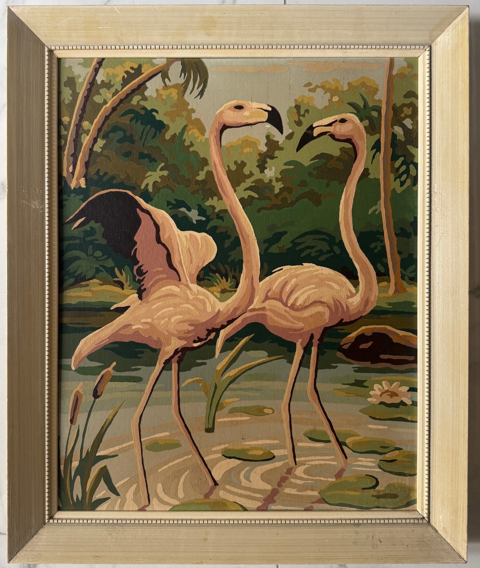 Vintage Oil Paintings Of Flamingos: Mid Century Oil on cardboard 20x16 inches Frame:23x19 inches