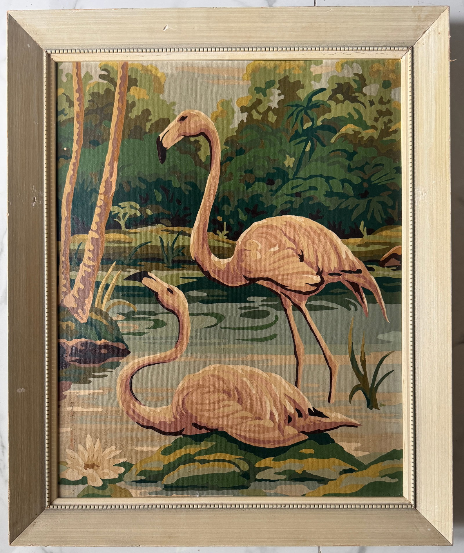 Vintage Oil Paintings Of Flamingos: Mid Century Oil on cardboard 20x16 inches Frame:23x19 inches