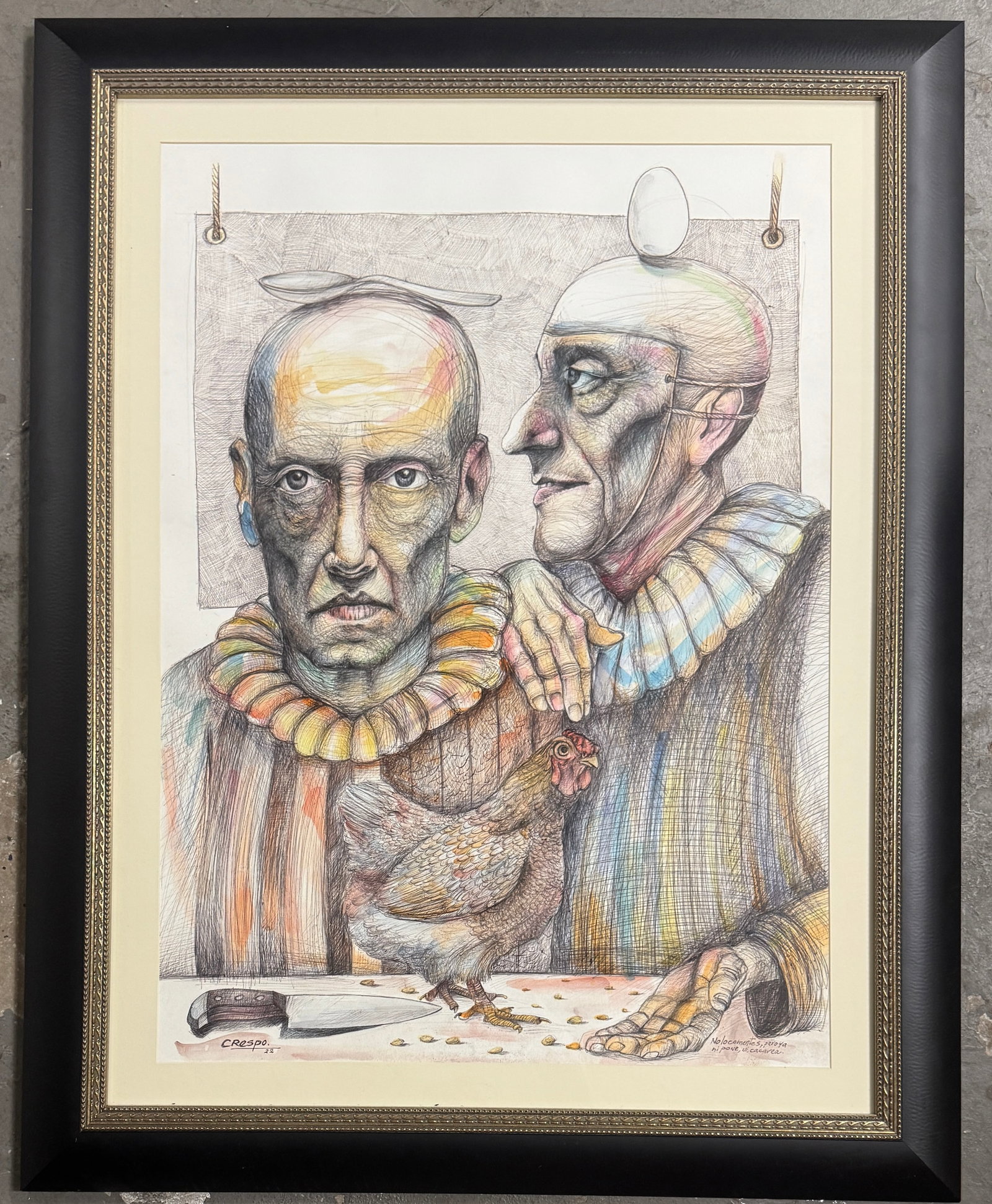 Eudaldo Crespo-2022 Mixed Media: Mixed media on cardboard 29.5x21.5inFrame:38x30 in. Title: No lo comentes, pero ya ni pone, ni cacarea