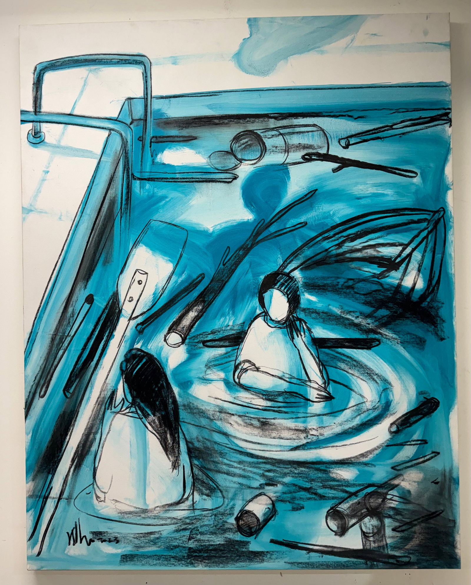 Alexis Leiva Machado Kcho: Alexis Leiva Machado Kcho-2023Mixed Media on canvas 56.5x44.5 in. Born 1970 Isla de Pinos, Cuba. Known for: Seaside iconography found object sculpture, and drawing.Kcho (sometimes spelled "K'cho"), wa