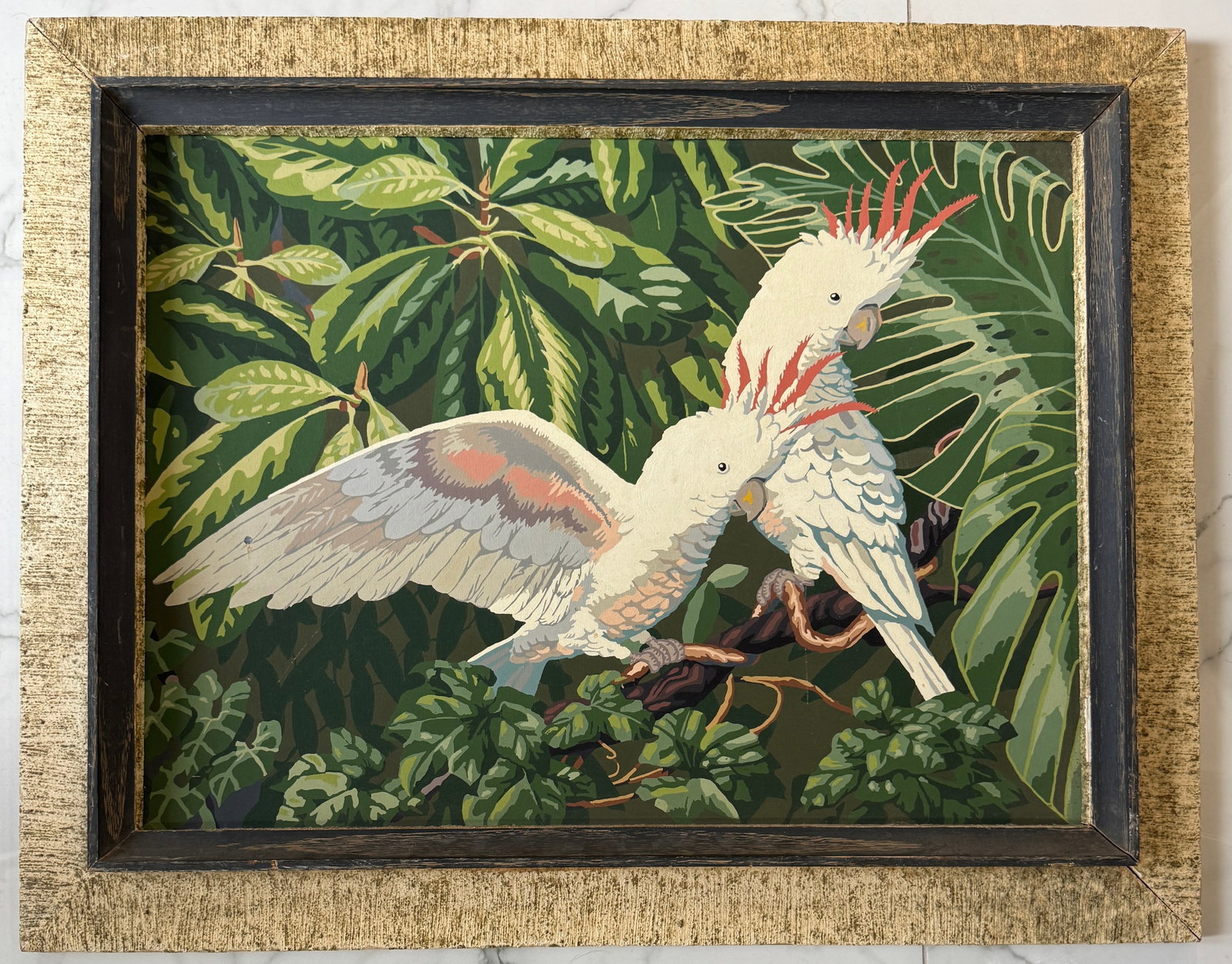 Vintage Original Oil Painting: Vintage mid century framed painting by number : Exotic Tropical Egret & Cockatoos.Oil on cardboard, measures 18x24 in. Frame:23x29 in.