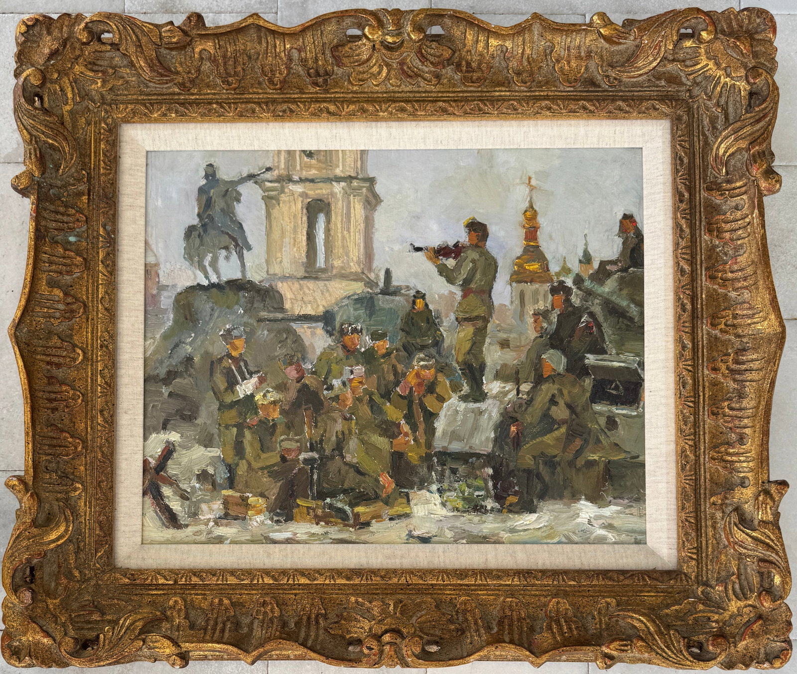 Vintage Signed Russian Oil Painting: Oil on cardboard 18x21.5 inch Frame:23.5x27.5 inch