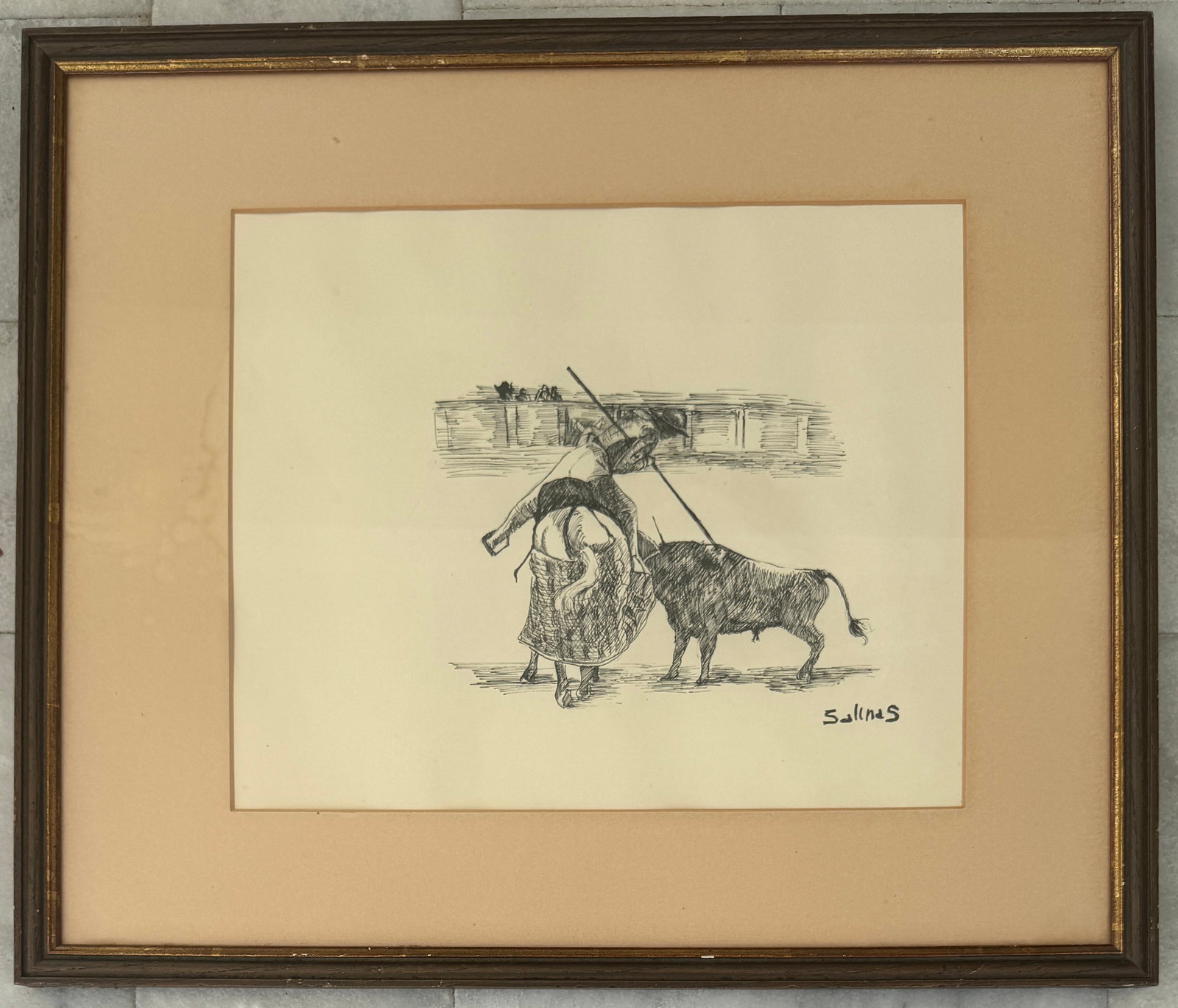 Signed Salinas, Ink on Paper: Ink on paper 11 1/4 x 13 1/4 inch Frame:18x21 inch
