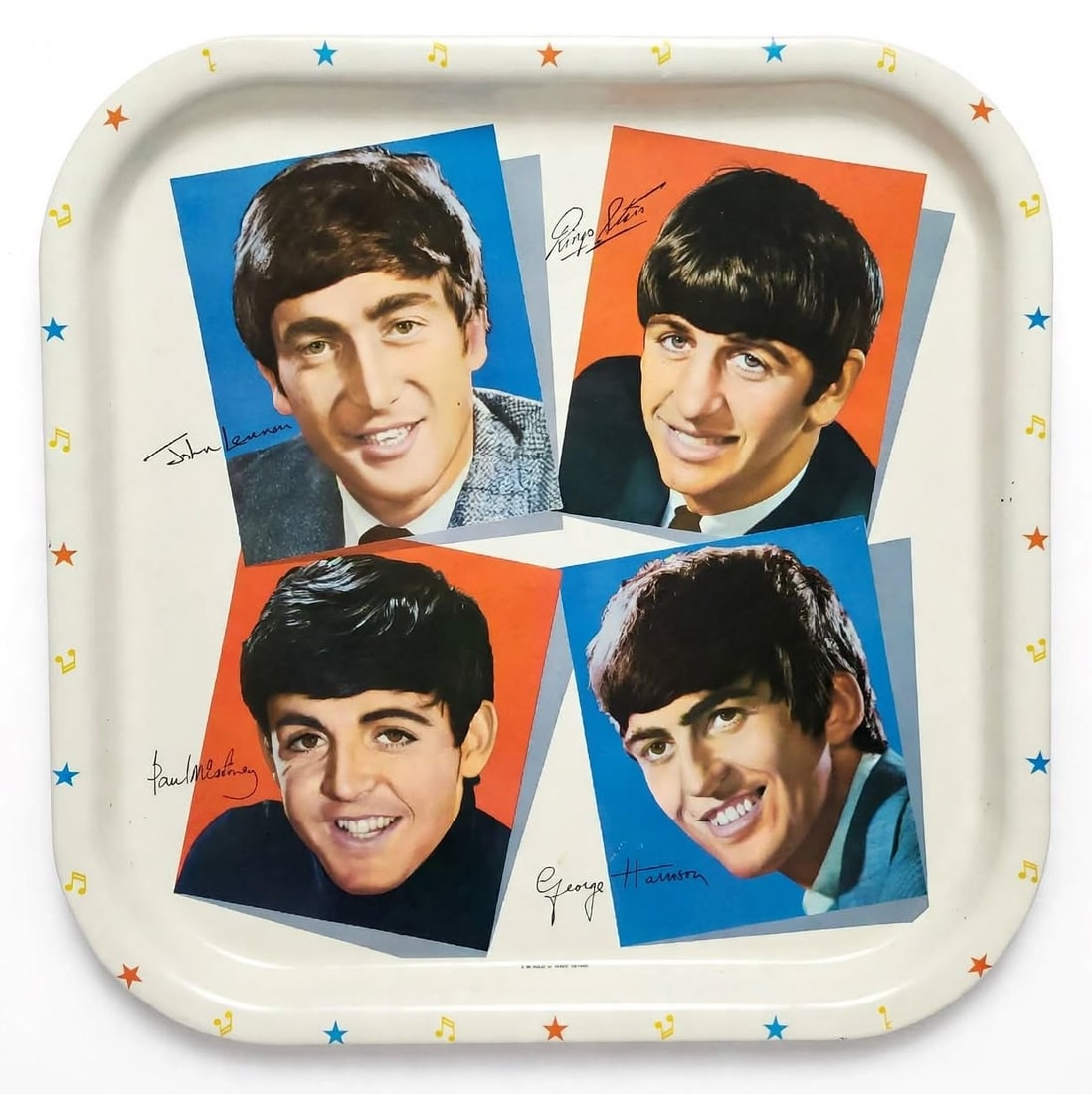 Vintage Beatles Tin Serving Tray: This tray measures 13 1/4 x 13 1/4 Inches. Very good condition with very minor wear. Still retains original decal in the back which usually is missing.