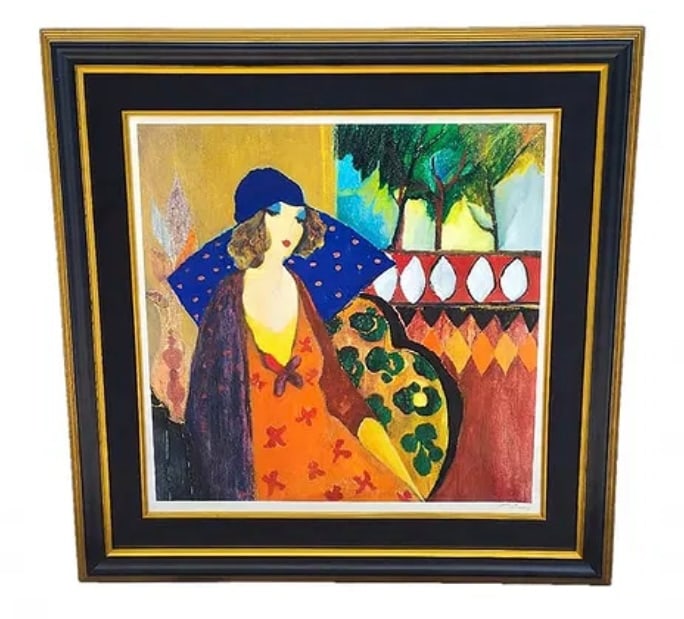 Tarkay Lady with Purple Hat Framed Lithogrpah: Tarkay Lady with Purple Hat Framed Lithogrpah. Frame measures 36 inches x 36 inches