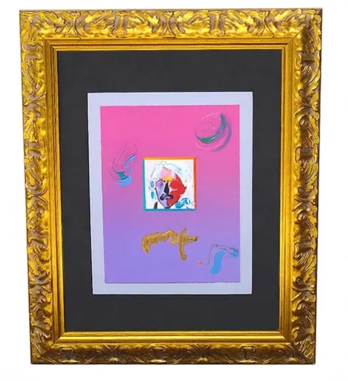 Peter Max Andy Warhol Embellished Signed Art: Peter Max, American, b 1937, acrylic embellishment by artist on paper, Portrait of Andy Warhol, frame measures 22" x 19", framed nicely with presentation inscription form the artist verson.