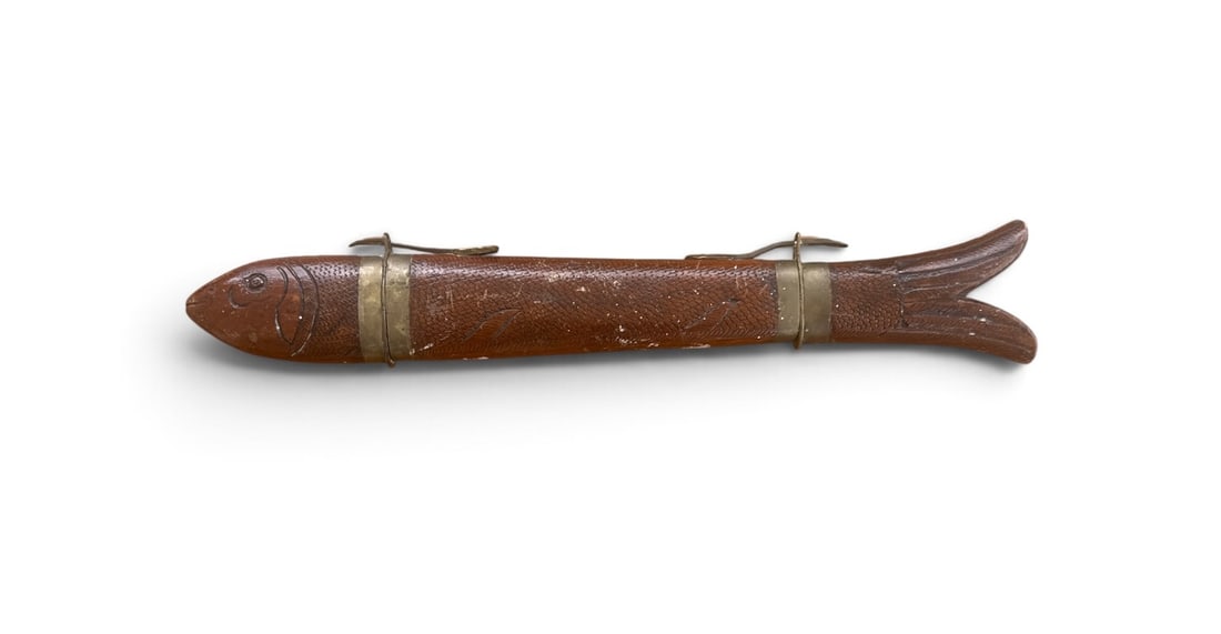 Vintage Carved Wood Carving Set: Vintage Carved-Wood/ Brass/Stainless-Steel Carving Set. 2.5x17 inches