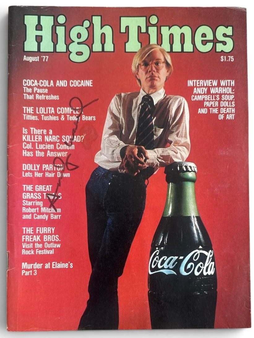 Vintage HIGHTIMES MAGAZINE Signed ANDY WARHOL: Vintage C.1977 HIGHTIMES MAGAZINE Signed cover by ANDY WARHOL.