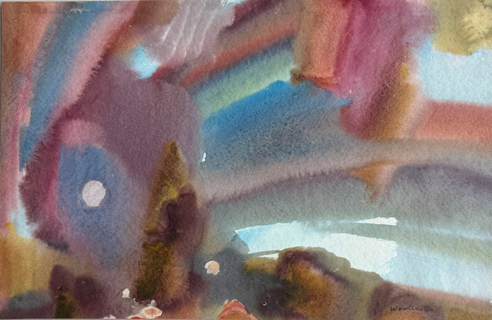 Sir Mountford Tosswill Woollaston Watercolor Painting: Sir Mountford Tosswill Woollaston.(1910 - 1998.)Over the course of his career, Toss Woollaston completed several works depicting Tasman Bay. The final of these is a sublime oil on canvas from the