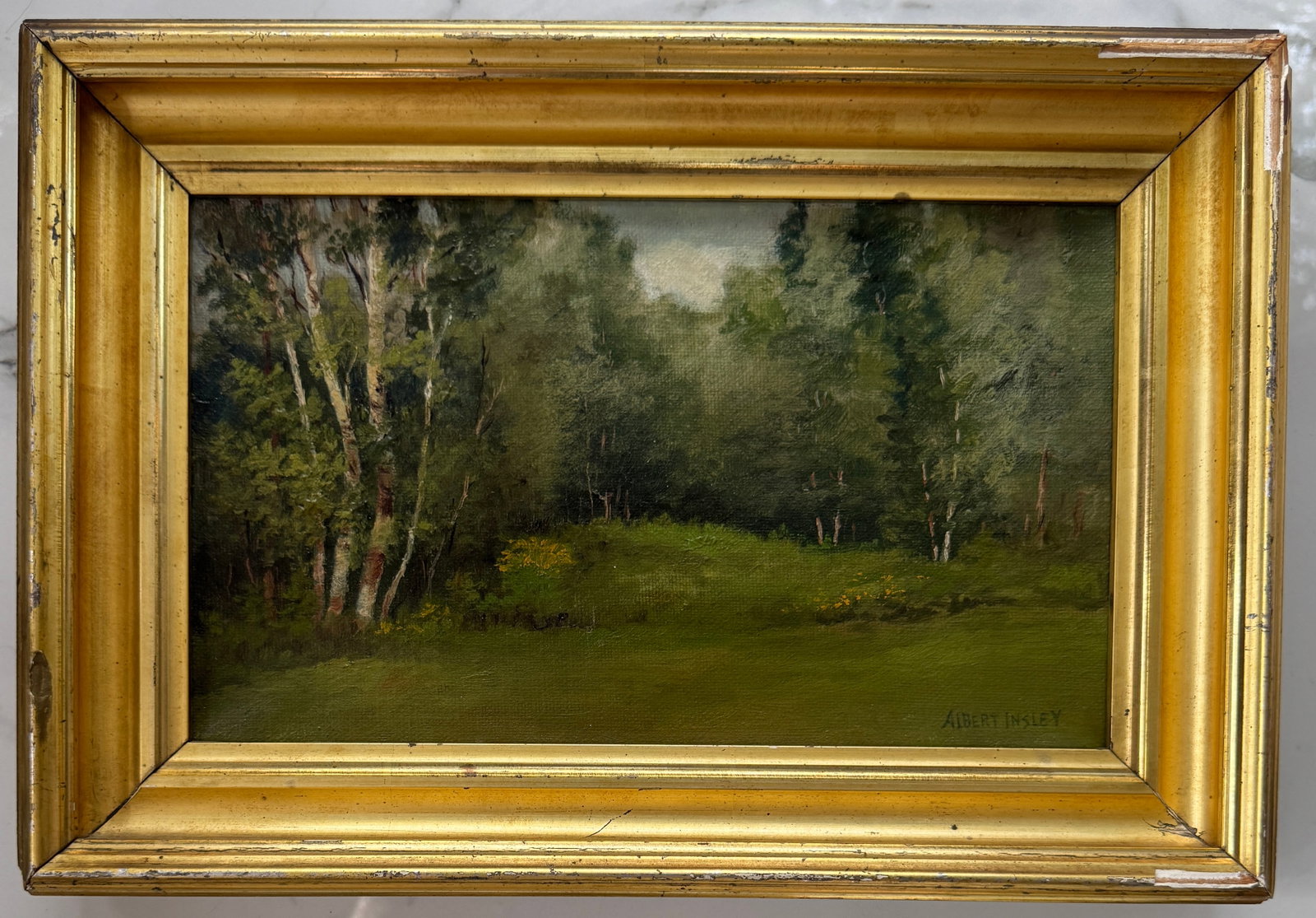Albert Insley Oil Painting: 1842 Orange, New Jersey - 1937 Nyack, New York. Known for: Landscape, genre-rural-hunting.Landscape and marine painter Albert Babb Insley was born in 1842, growing up in Jersey City, New Jersey. He wa