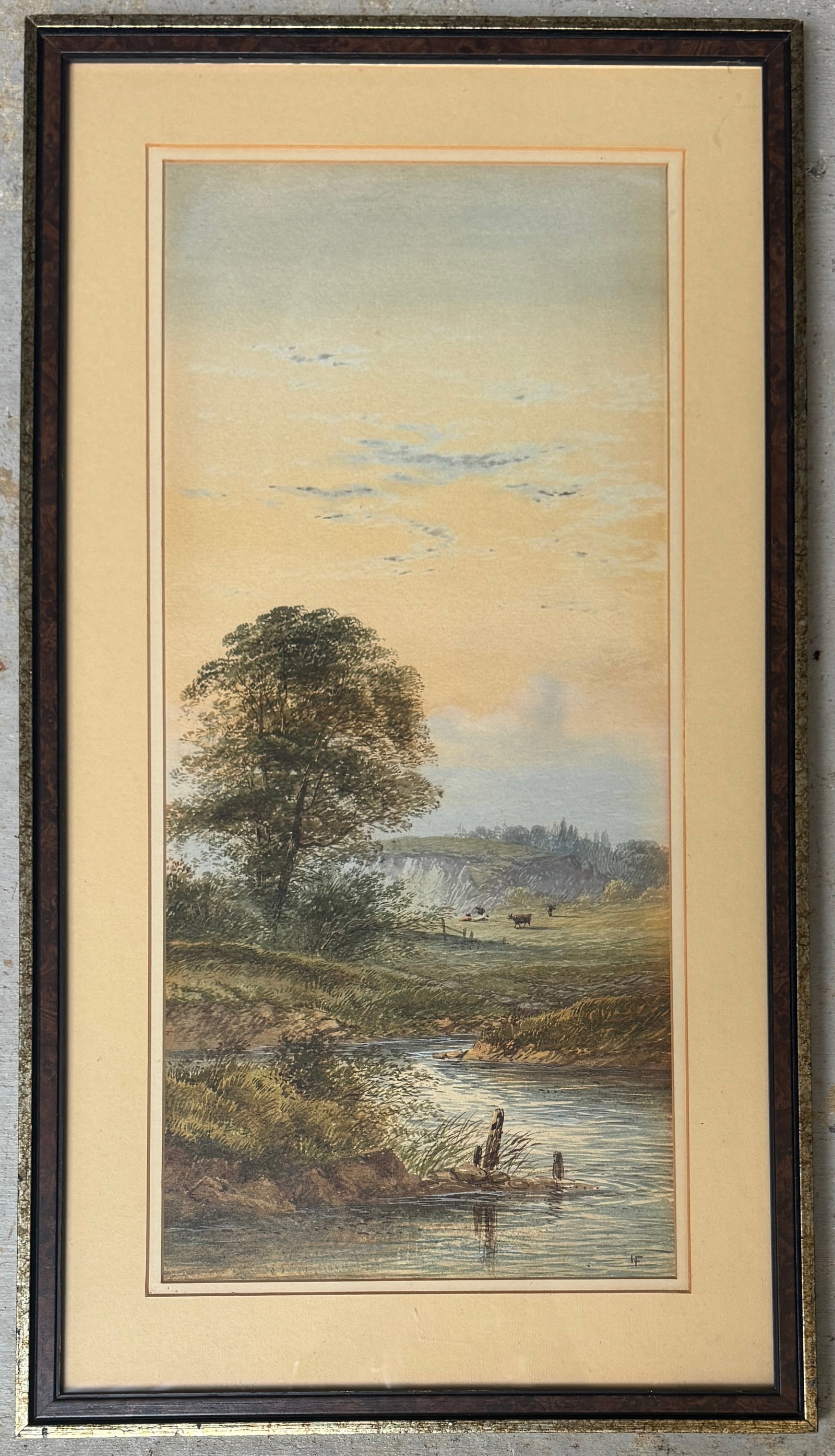 John La Farge Watercolor Painting: 1835 New York City - 1910 Providence, Rhode Island. Known for: Stained glass design, mural and floral still life paintingWatercolor on paper 20.5x9 1/4 inches Frame:26x14 inches