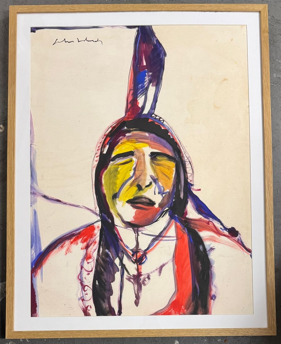 Fritz Scholder Acrylic on Paper Painting: Fritz Scholder Acrylic on paper. Measures 30x22.5”. 1937 Breckenridge, Minnesota - 2005 Scottsdale, Arizona. Known for: Abstract figure-Indian and animal painting.Born in Breckenridge,