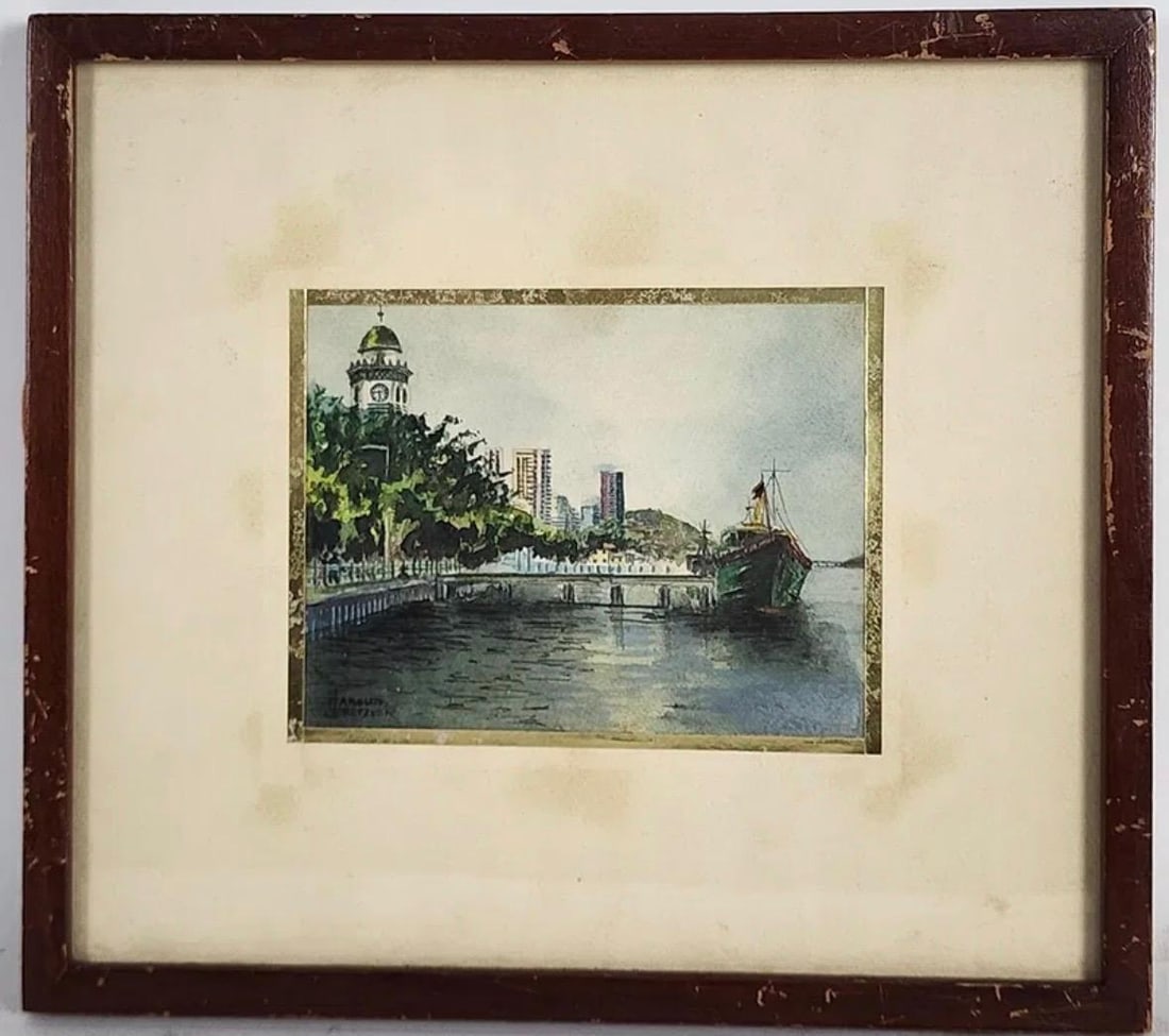 Harold Gretzner Watercolor: Harold Gretzner (American, 1902-1977) Waterway with Buildings and Ship, Watercolor on paper, Signed Harold Gretzner lower left, Sight-4 5/8" x 6 1/8", Framed-11" x 12 1/4"