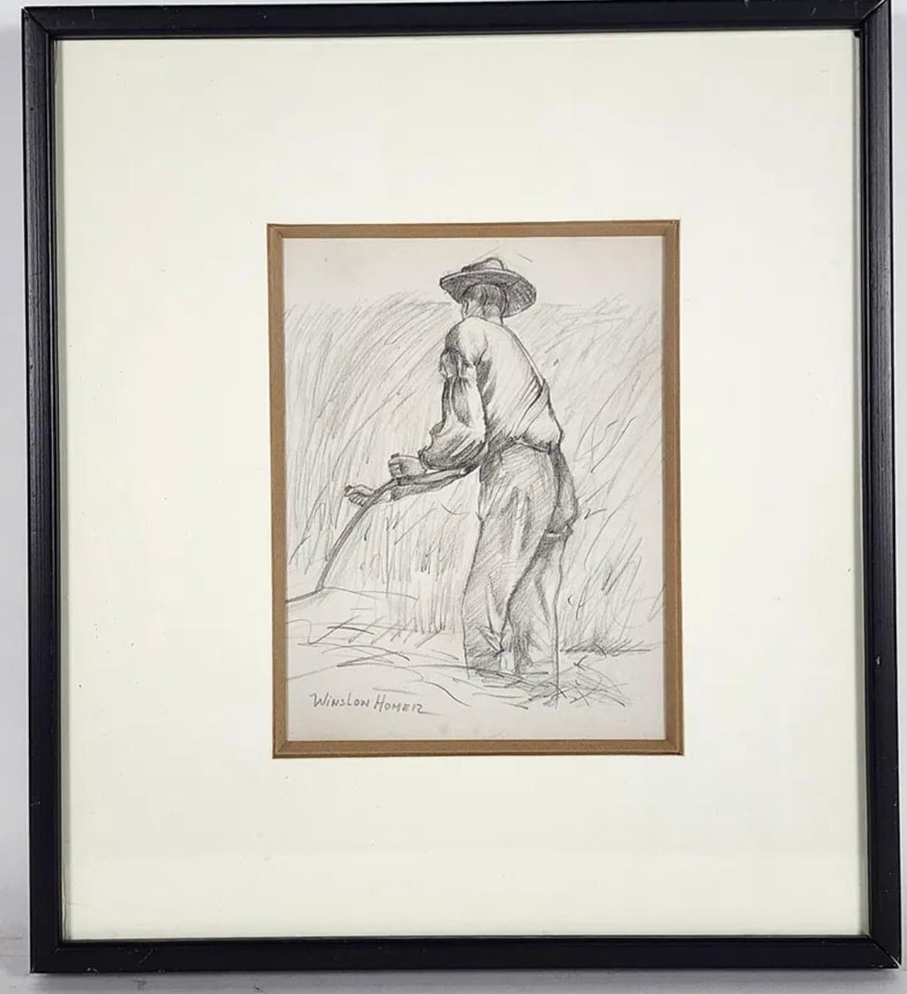 Winslow Homer Pencil on Paper Drawing: A 20th Century Pencil on Paper Drawing in the Manner of Winslow Homer (1836-1910) Farmer Harvesting Wheat, Signed, Sight-8 1/2" x 6 1/8", Framed-15 1/2" x 14"