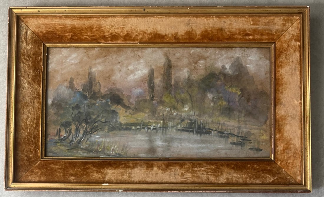 John Constable Watercolor Painting: 1776 East Bergholt, Suffolk, England - 1837 London, England. Known for: Regional rural landscape and rural scene painting, figure drawing. Watercolor on paper. 8x16 inches. Frame:13x21 inches