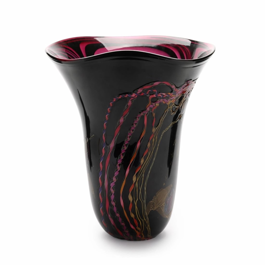 Tim Lazer Signed 1990 Art Glass Vase Black Murrini Cane Limited Edition (LE) 3/76, 16.8" H 14" Diam.: Large Authentic Tim Lazer Signed 1990 Studio Art Glass Vase Black Murrini Cane 16.75" Height, 14" Diameter Limited Edition (LE) #3 of 76 This striking large studio art glass vase is an original work b