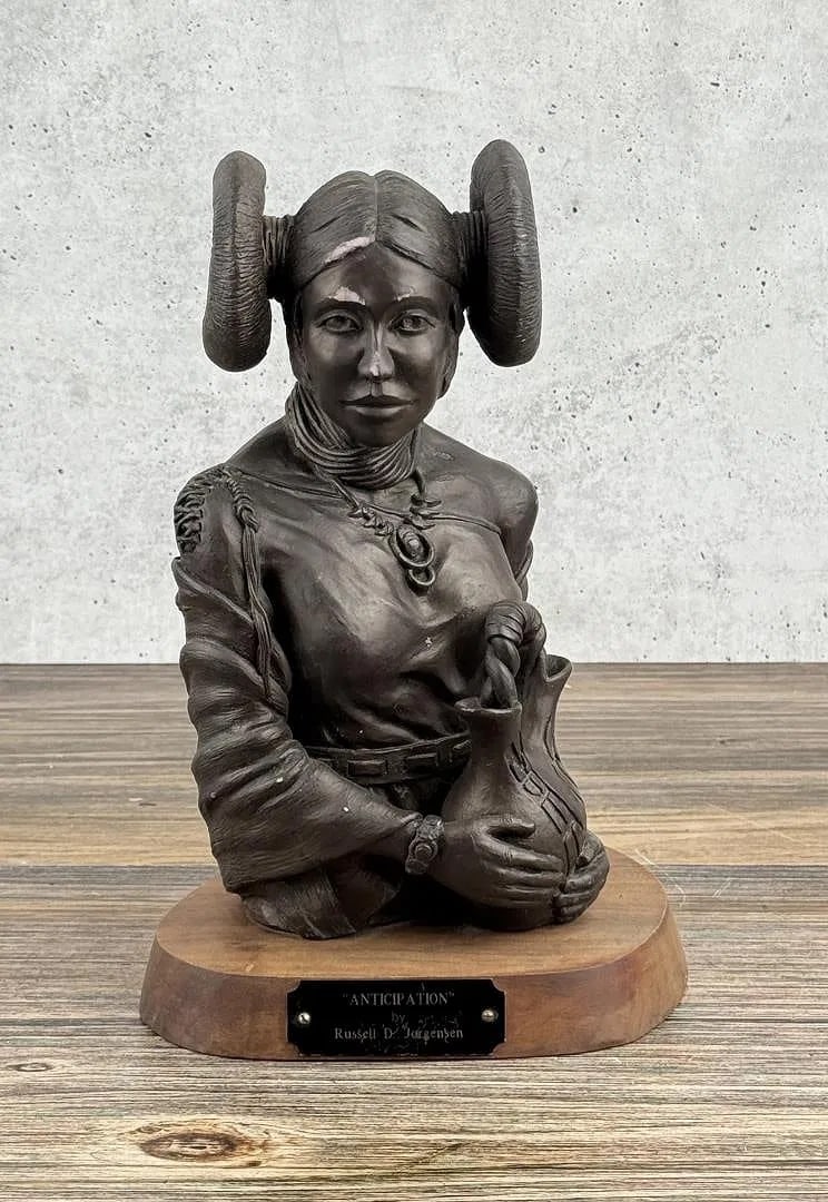 Russell De Jorgensen "Anticipation" Sculpture, 11 7/8" x 8" x 7": Sculpture titled Anticipation by Russell De Jorgensen, a stylized decorative work with painted surface treatment. The composition presents a poised, expectant mood, an expressive piece that blends scu