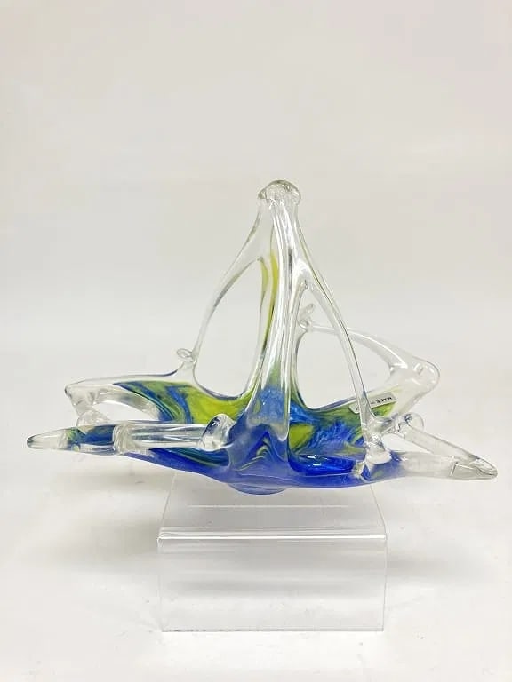 Lavorazione Arte Murano Vintage Blue/Green Basket Bowl, 8 3/8" x 6": A charming vintage Murano glass basket bowl with an airy, sculptural pulled-handle form, executed in clear glass with blue and green swirling inclusions that read like waves or brushstrokes suspended