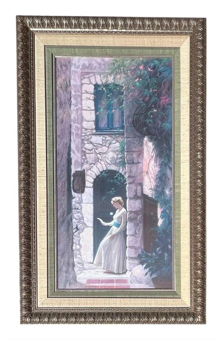 Arian "Lady of Eze" 1998 Oil-Embellished Canvas Giclée LE 19/150 Signed COA Framed 40.5" x 25": "Lady of Eze" (1998) is a luminous, romantic courtyard scene by Arian -- featuring a woman reading in a sunlit stone setting -- offered as an oil-embellished giclée on canvas, signed and numbered 19/