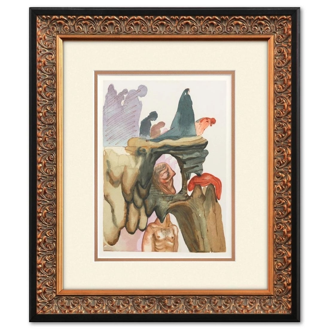 Salvador Dalí Inferno 22 Clr. Woodcut COA 18"x16": Salvador Dalí - "Inferno 22" - Original Color Woodcut on B.F.K. Rives Paper - COA - Museum-/Gallery-quality Custom Matted & Framed "Inferno 22" is an original color woodcut on B.F.K. Rives paper (a h