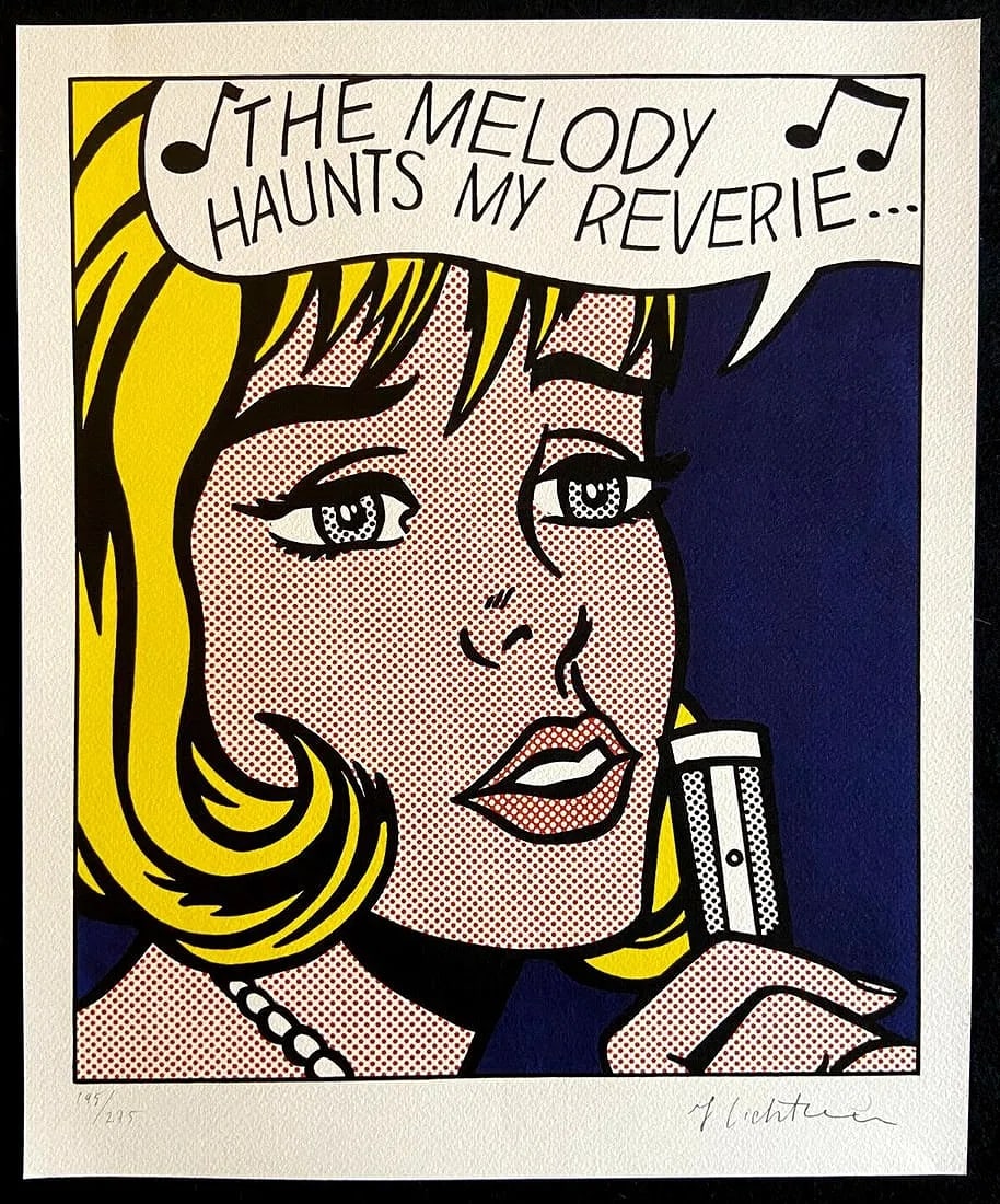 Roy Lichtenstein "The Melody Haunts My Reverie" Lithograph 1986 LE 195/275 Birkhäuser, COA 13" x: A 1986 lithograph by Roy Lichtenstein of "The Melody Haunts My Reverie," published by Birkhäuser Kunstverlag (Basel) in an edition of 275 (this example is numbered 195). These 1986 Birkhäuser-issued