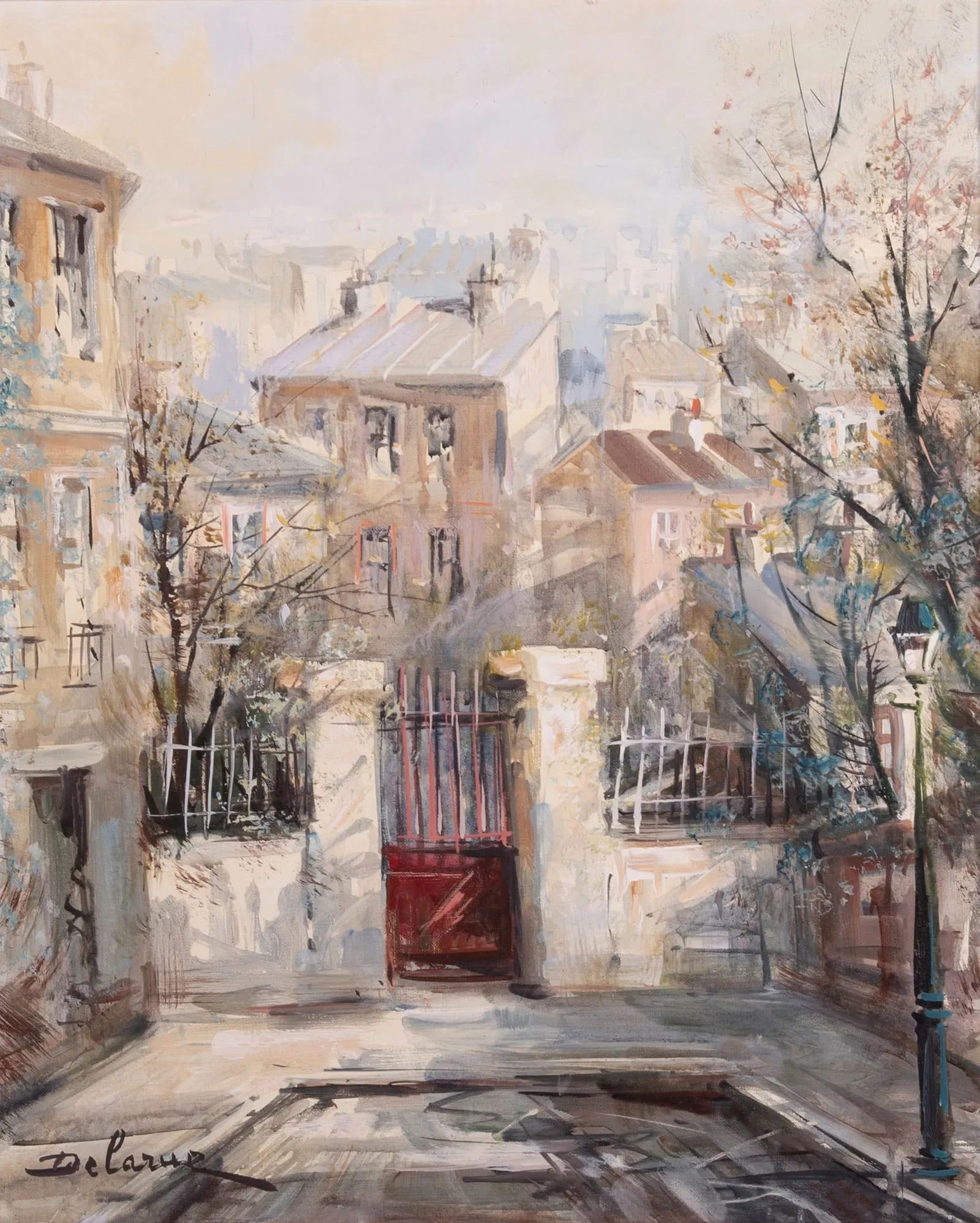 Lucien Delarue Untitled Cityscape Oil 29.5"x25.3": Lucien Delarue's Untitled Cityscape captures a quiet, elevated view over clustered rooftops, an intimate European neighborhood rendered with a light, atmospheric touch. Soft architectural planes disso