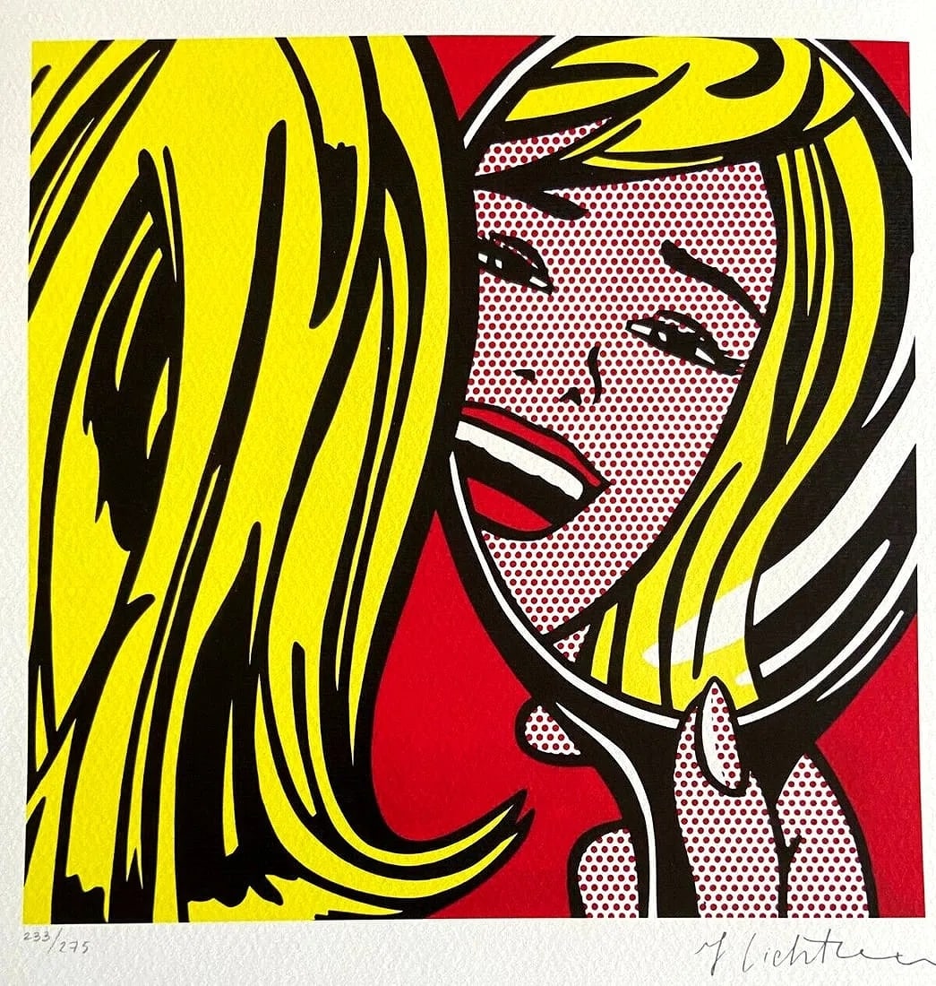 Roy Lichtenstein "Ragazza in the Mirror" 1986 Lithograph 11.8"x11.8": This 1986 lithograph after an original work by Roy Lichtenstein presents a bold Pop Art image using the visual vocabulary that defined his career: simplified contour, graphic color blocks, and the ico