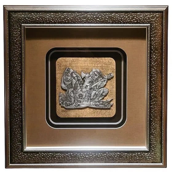 Anatole Krasnyansky "Song of Scaramouches" Hand-Hammered Pewter on Bronze Relief 24"x24": This 2000 relief by Anatole Krasnyansky, "Song of Scaramouches," is executed as hand-hammered pewter on bronze, signed in the plate, and issued from an edition of 150. The imagery carries Krasnyansky'