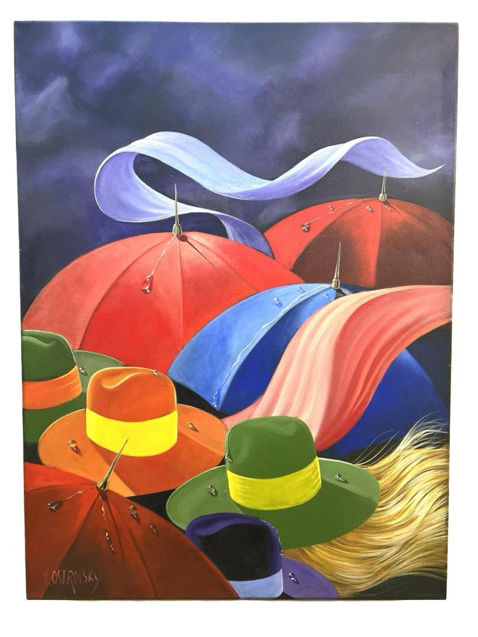 Victor Ostrovsky "The Happening" Acrylic on Canvas 30"x40": Offered is an original acrylic on canvas titled "The Happening" by Victor Ostrovsky (Israeli/Canadian, b. 1949–), presented gallery wrapped and ready to hang. Measuring approximately 30" W x 40" H,